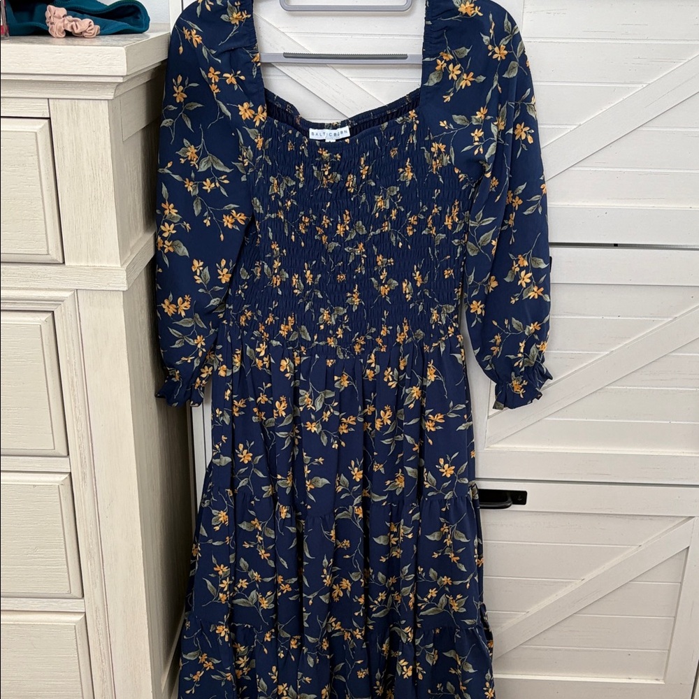 Baltic Born Navy Floral Smocked Tunic with Yellow Blossoms - Picture 2 of 7
